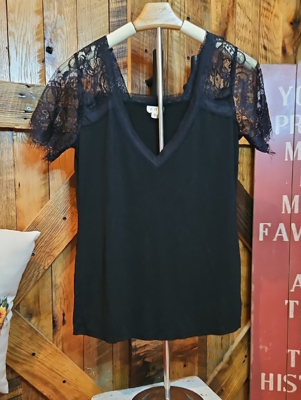 349 POL Black V-Neck Top with Lace Cap Sleeves